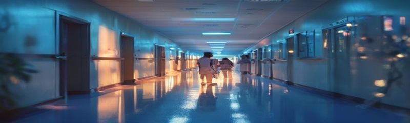 深夜医院急诊走廊，柔和灯光下一位年轻妈妈抱着发烧的孩子，背景护士站灯火通明，凌晨不打烊服务在此刻发挥关键作用